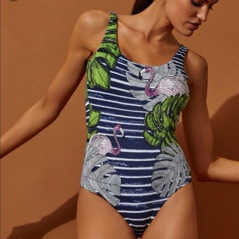 NWT Onia Kelly Pink Flamingo Palm Leaf Striped One Piece Swimsuit Size XL